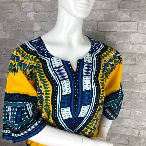 Izzy & Liv Unisex Yellow Blue One Size Fits Most Dashiki Shirt - Picture 6 of 6
